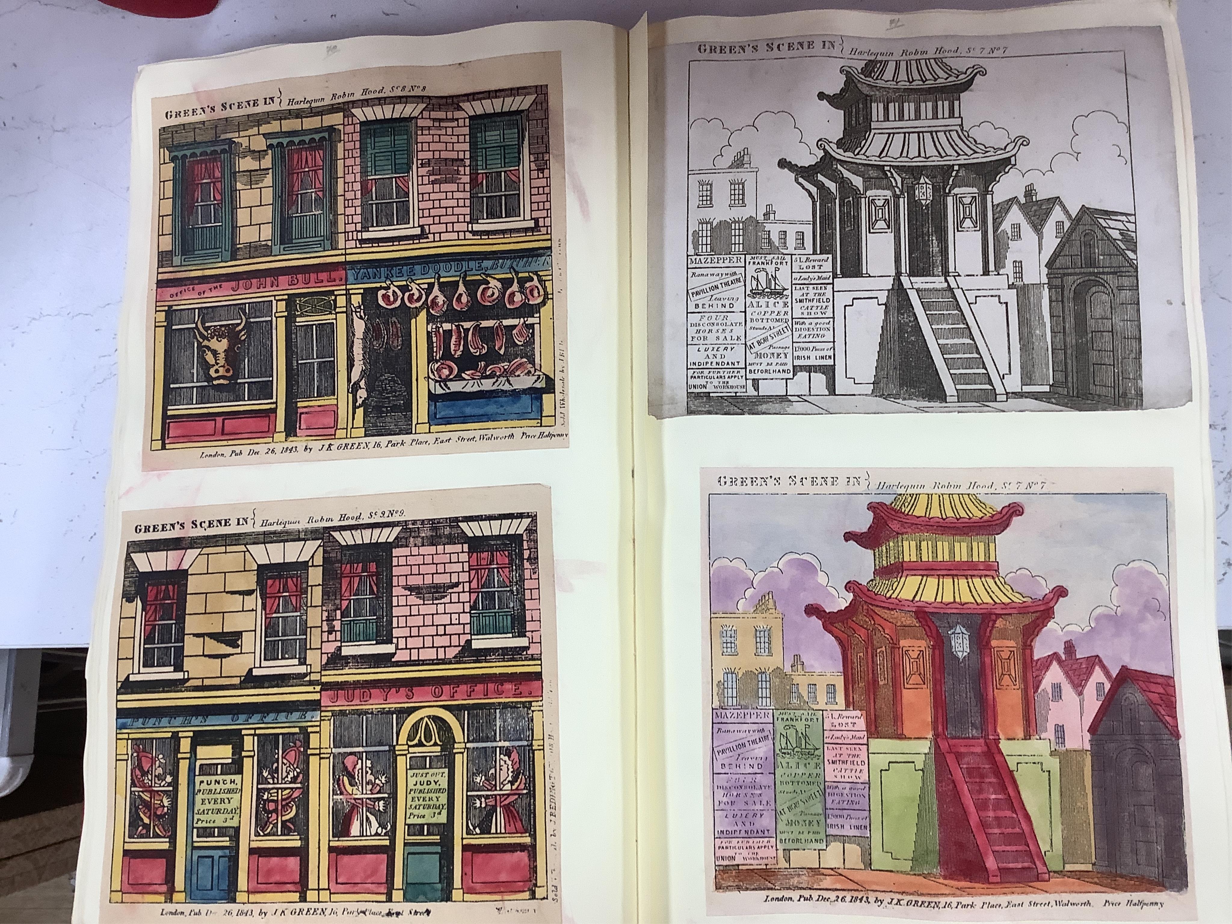 Juvenile dramas, toy theatre archive, including Webb, H. Matthews, Jack Yeats, W. Webb, J. K. Green, Keen and co-, West, O. Hodgson, Packets Gage, hand coloured large scenes, characters, scenes portraits etc. pasted in n